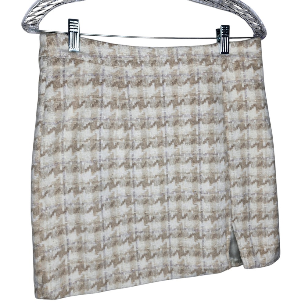 Entro Tan Houndstooth Tweed Mini Skirt with Front Slit Size L - Picture 4 of 9